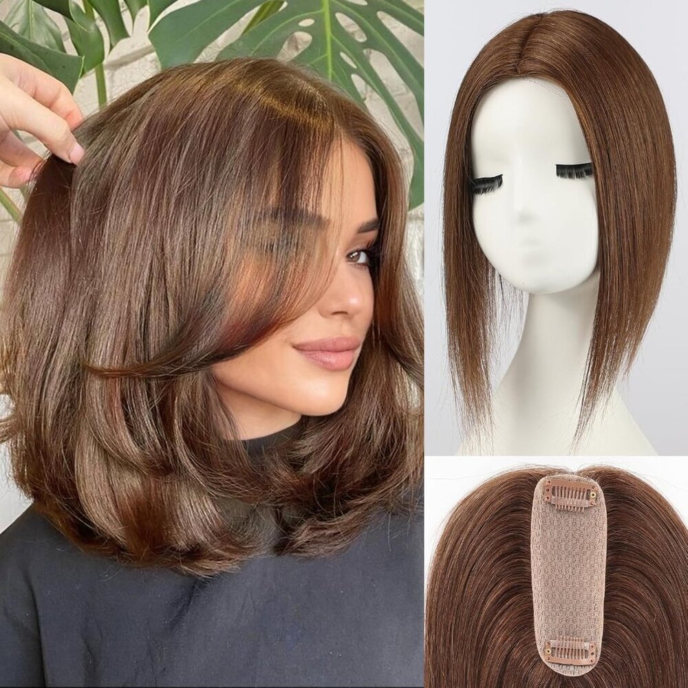 Hair Toppers Human Hair Brown 4.5x1.5 Inch Lightweight Comfortable Cover Gray